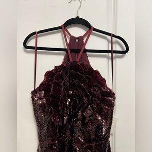Rene Ruiz Burgundy Wine Red Rose Prom Dress Long with slit